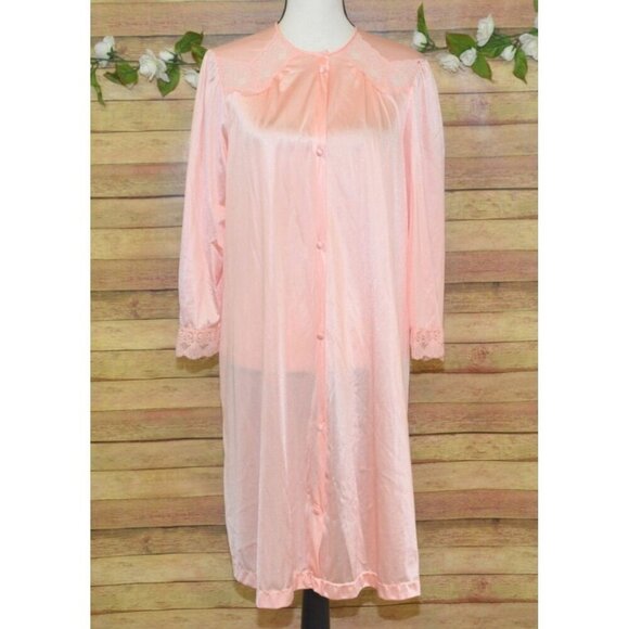 Vanity Fair Long Robe Pink Peach Small Gown USA Tricot All Nylon Vintage Buttons - Picture 1 of 10